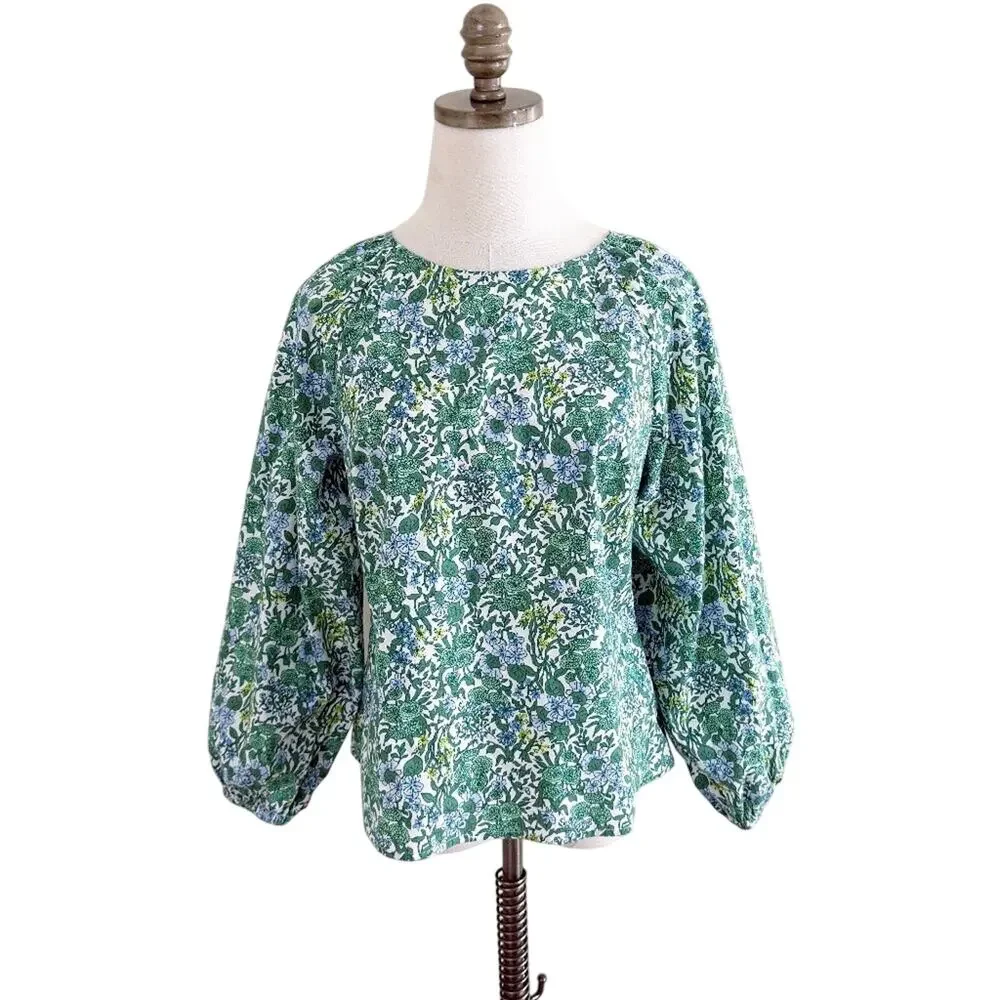 J. Crew Green and Blue Floral Print Blouse Women's Size 6 Low Back Bubble Sleeve